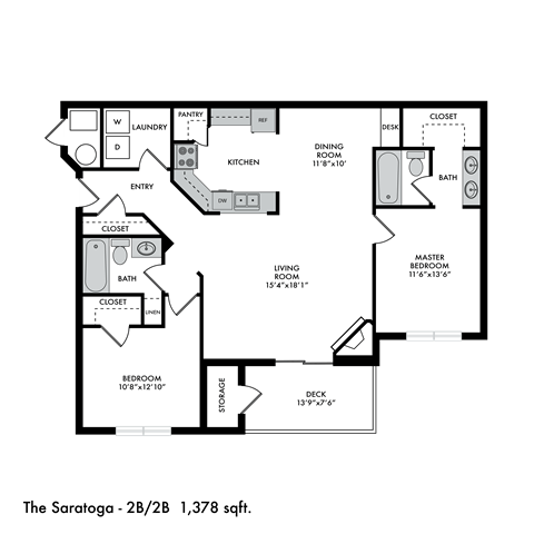 Floor plan for 2 beds, 2 baths, 1378 sqft